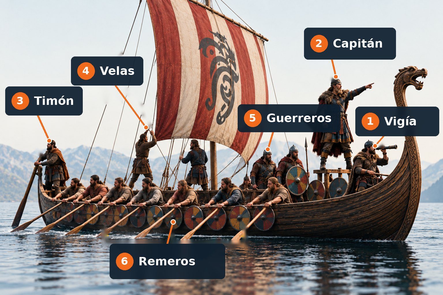 Barco vikingo con su tripulación: vigía, capitán, timón, velas, guerreros y remeros