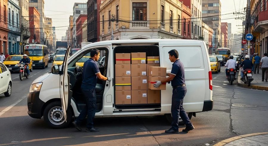 Panel descargando cajas en la ciudad